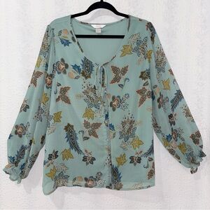 Sheer Floral Boho Blouse Tie Neck Lightweight Peasant Top Greenish Blue Teal